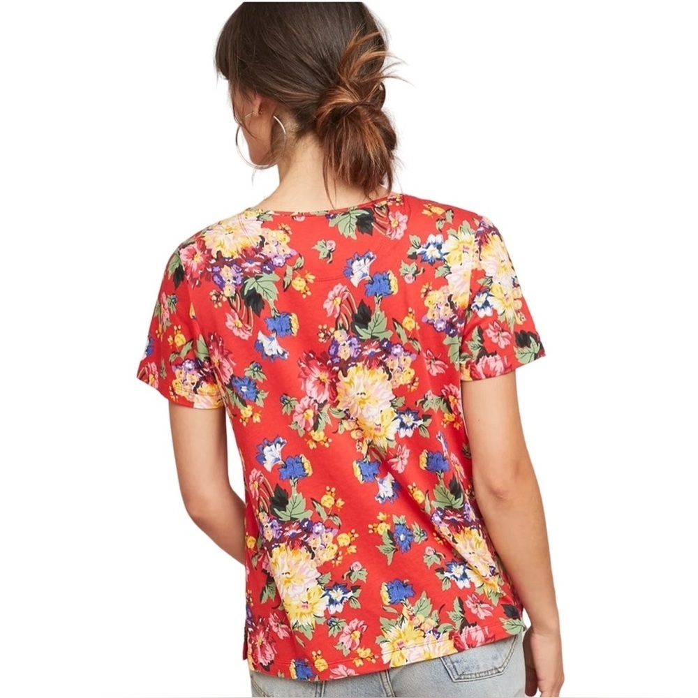 Maeve by Anthropologie Size S Clemente Red Floral Short Sleeve Tie-Neck Blouse - Picture 2 of 13